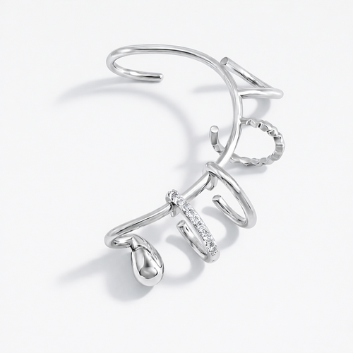 Sterling silver sculptural ear cuff, layered multi-ring design, no piercing required
